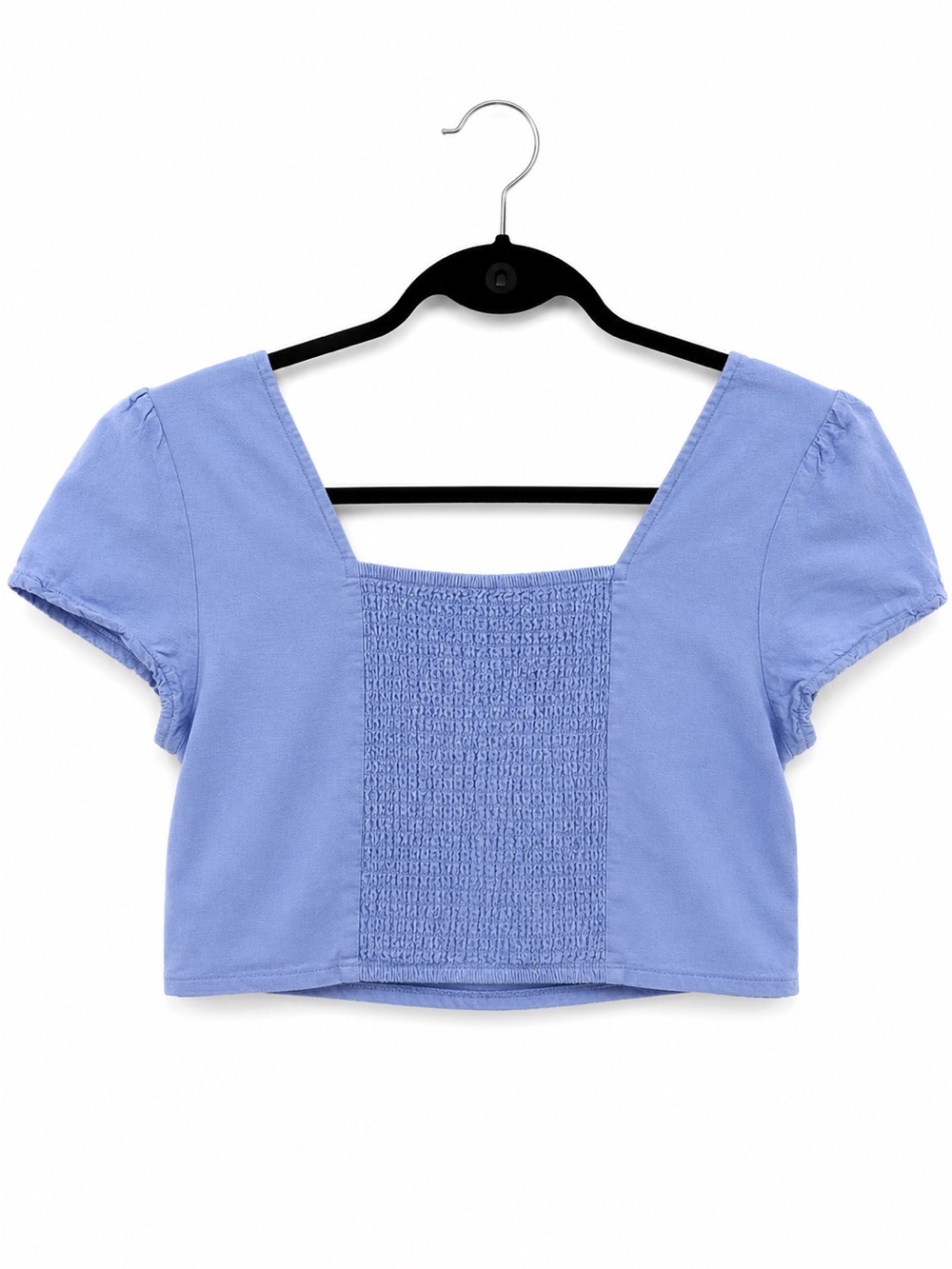 Twik Linen Blend Puff Sleeve Crop Top Blue Small - Picture 3 of 6
